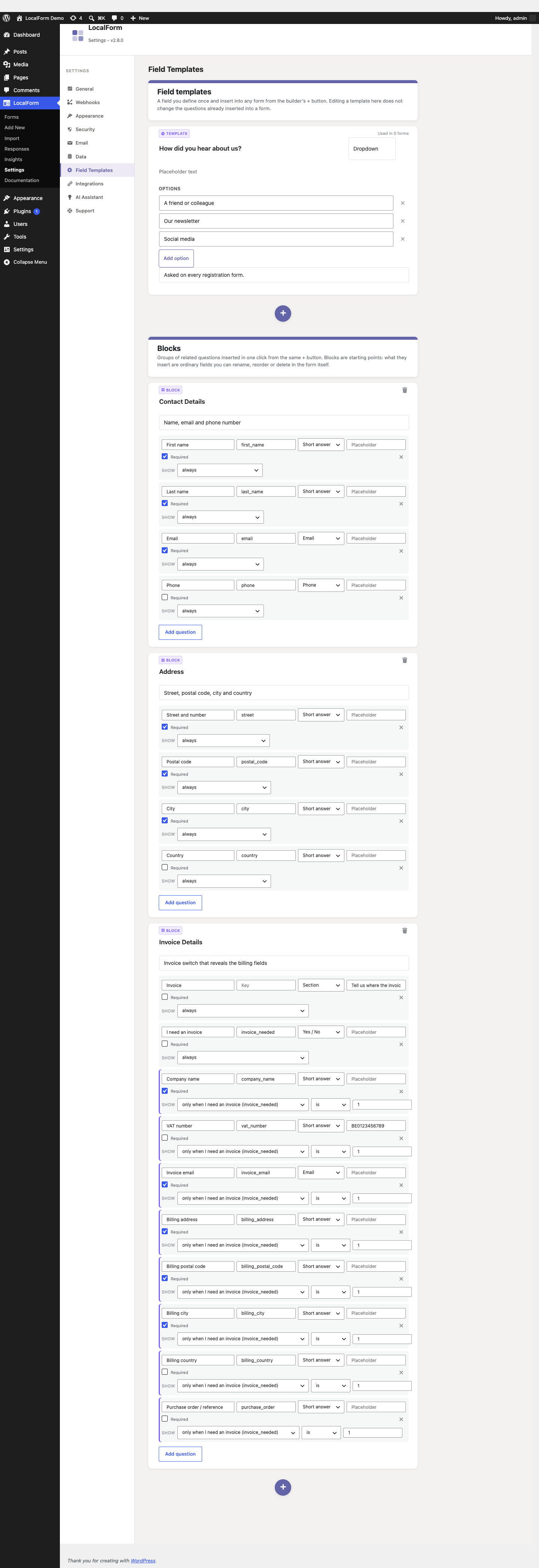 The Field Templates screen