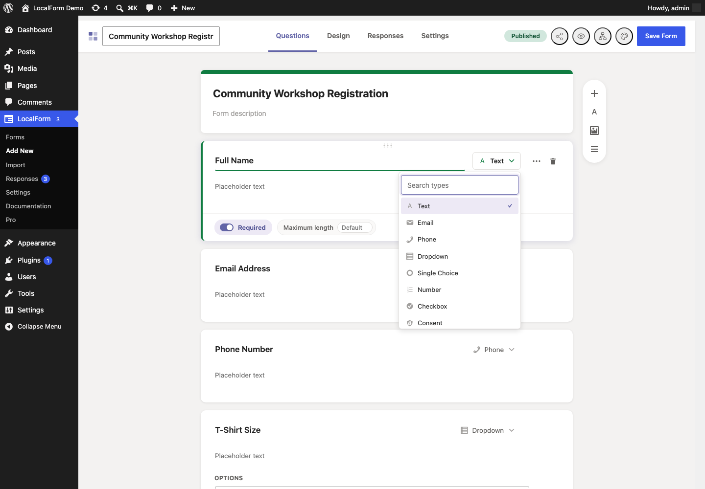 The form builder, with a title, a question, and the floating add-question toolbar