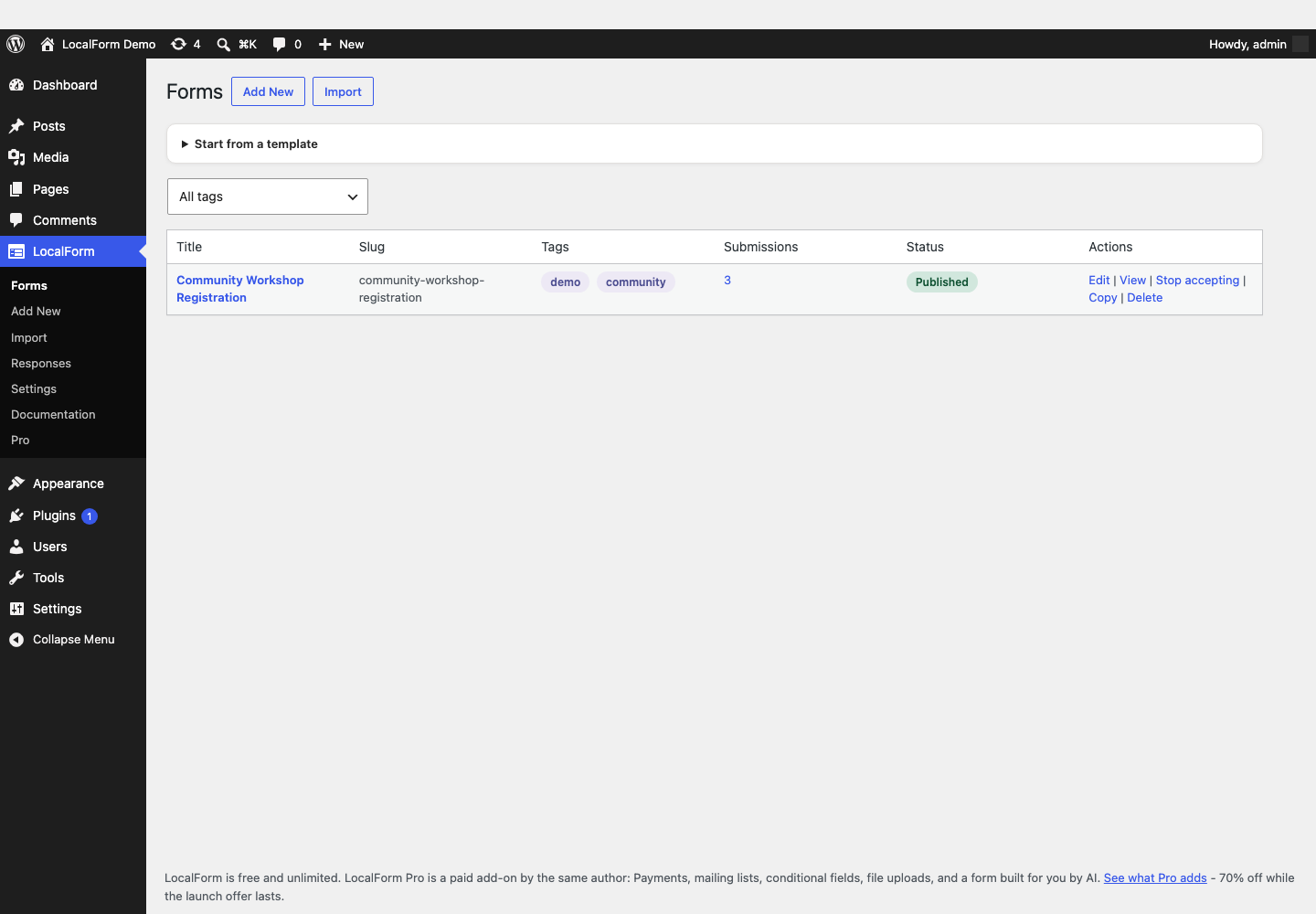 The Forms list, with tags, submission counts, and status