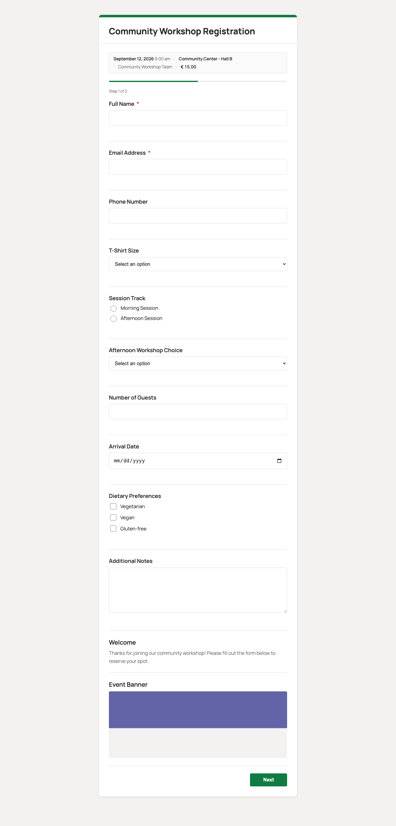 A published form page, with the event card, a progress bar, and questions