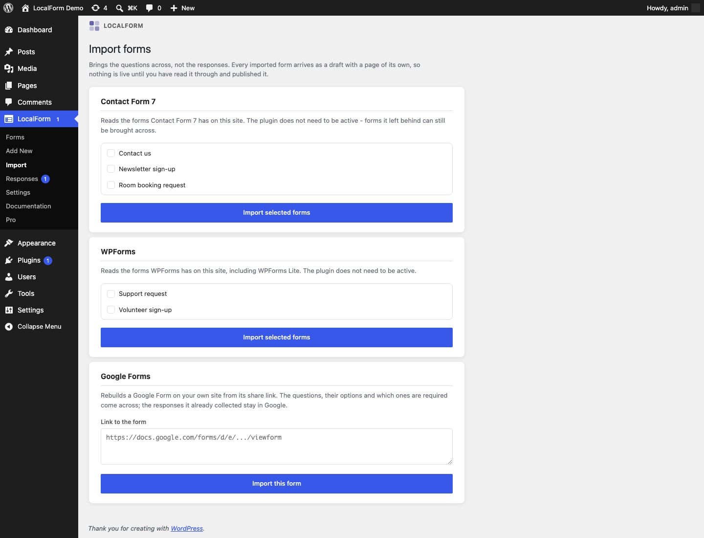 The Import screen, with a card per source listing the forms found on this site