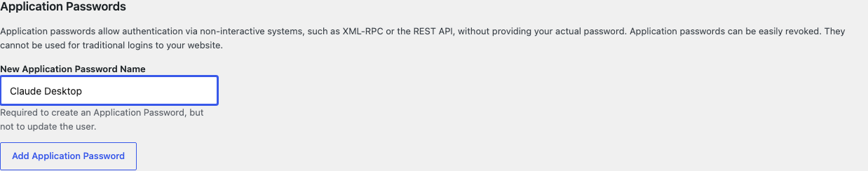The Application Passwords section with the name "Claude Desktop" entered