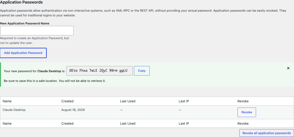 The generated application password, shown once, with a Copy button