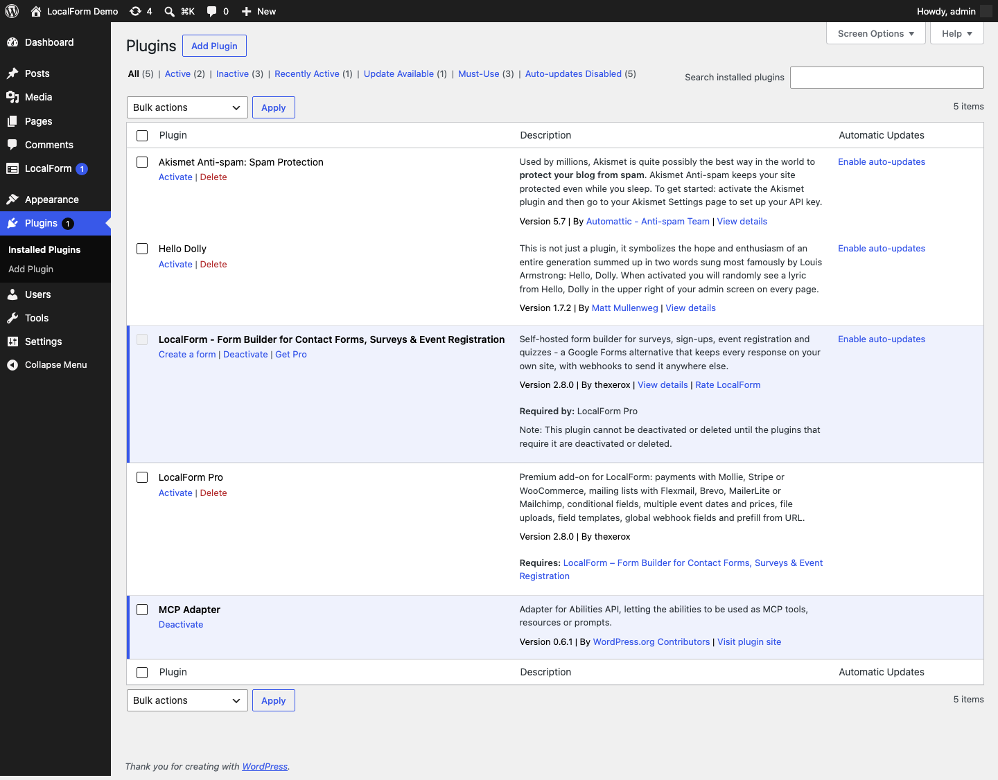 The Plugins screen with LocalForm and MCP Adapter both active
