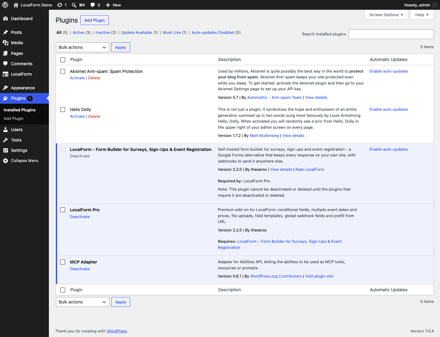 The Plugins screen with LocalForm, LocalForm Pro and MCP Adapter all active