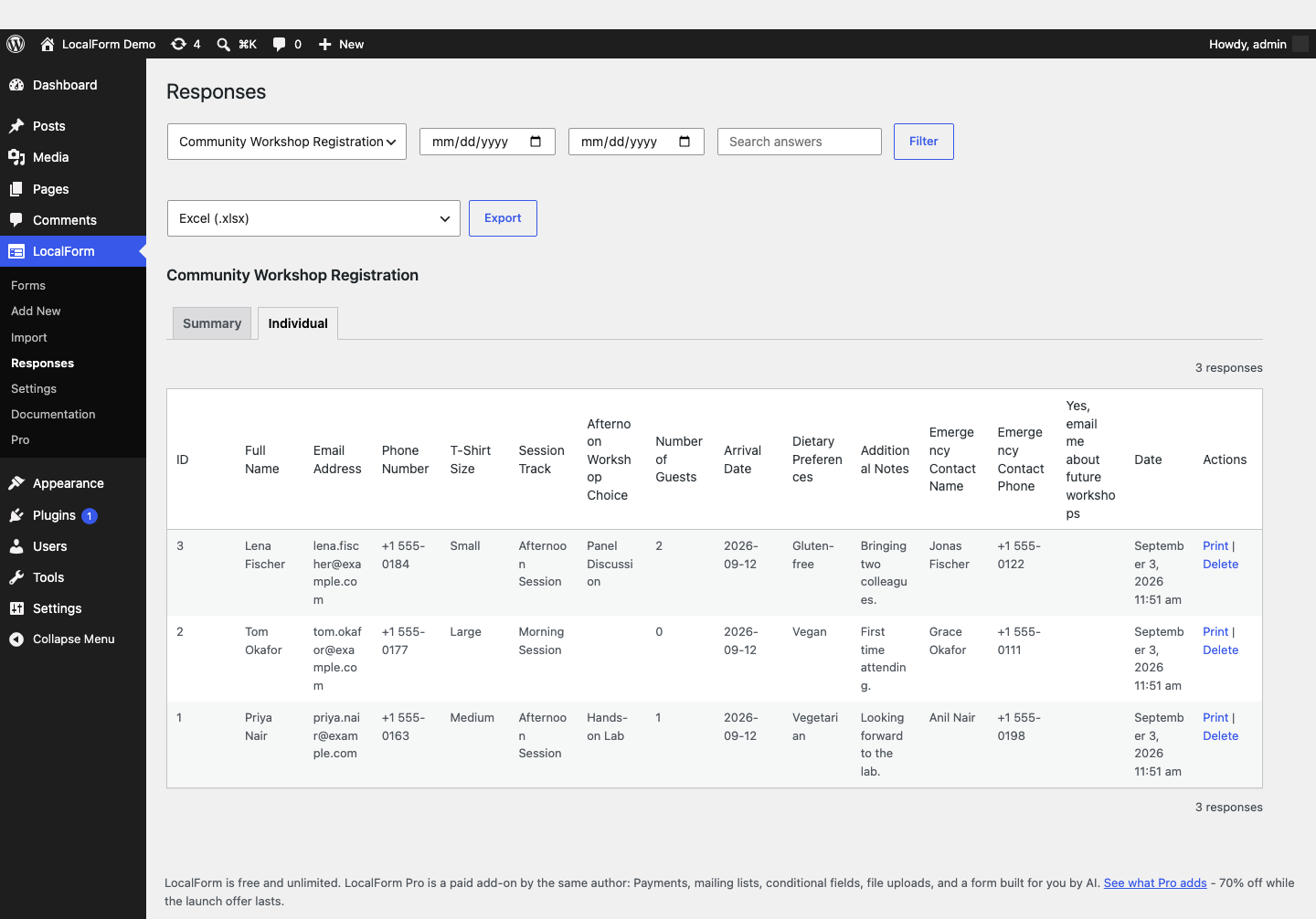 The Individual responses view, one row per submission