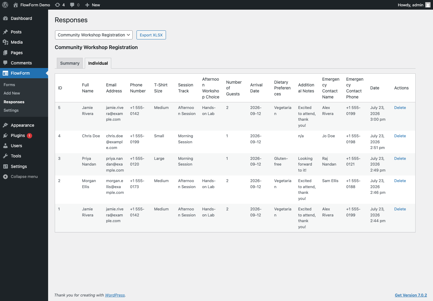 The Individual responses view, one row per submission