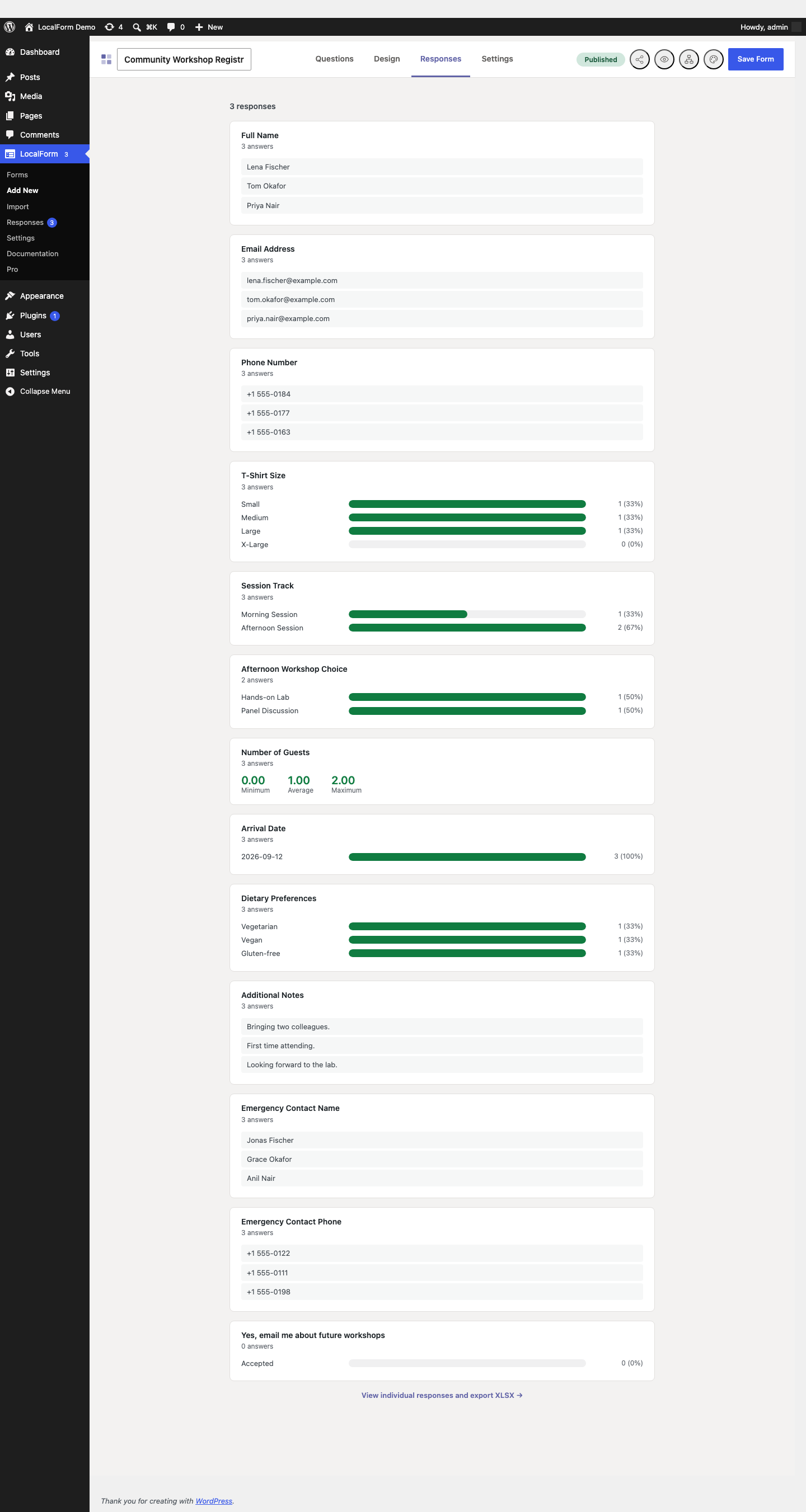 The Responses summary view, with per-question charts