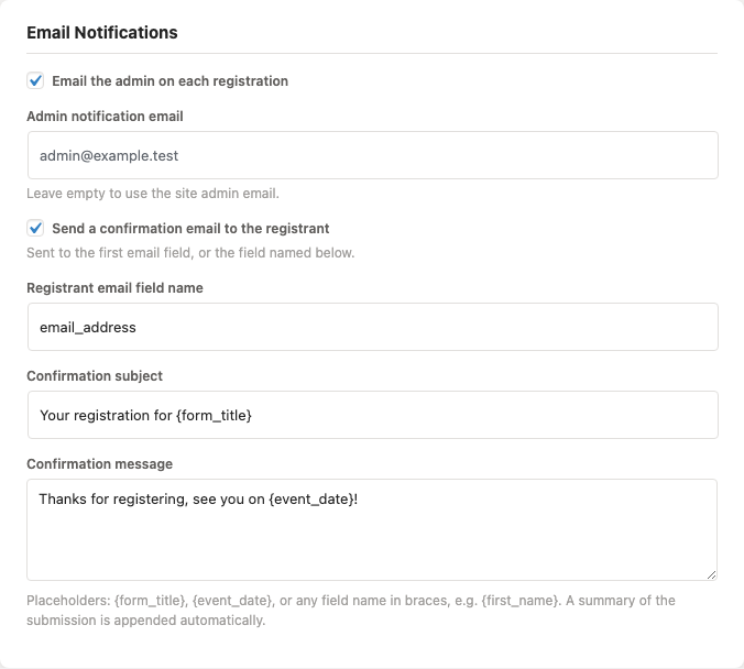 The Email Notifications panel