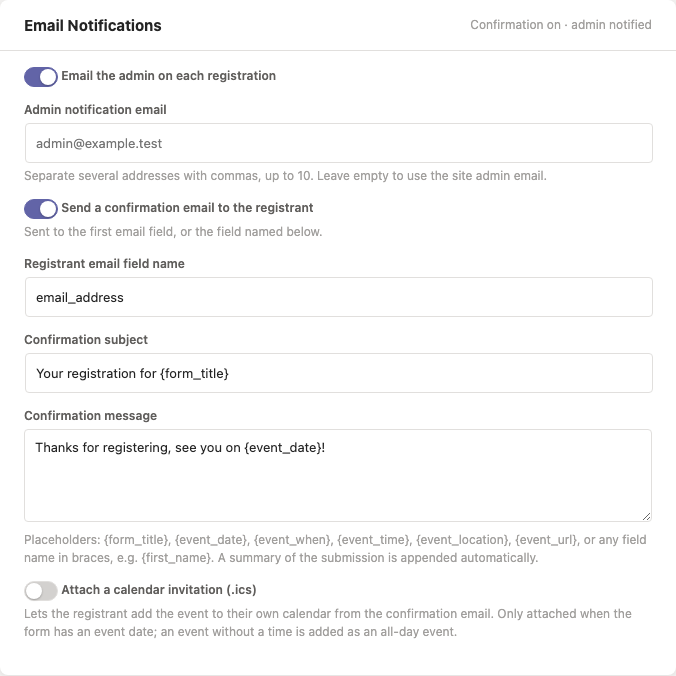 The Email Notifications panel