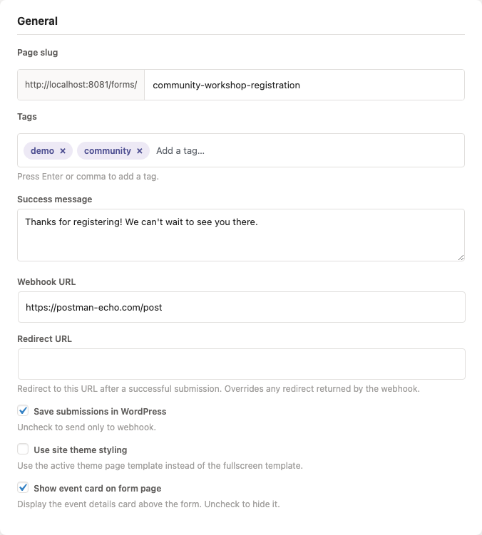 The General panel, with Webhook URL, Redirect URL, and Save submissions in WordPress
