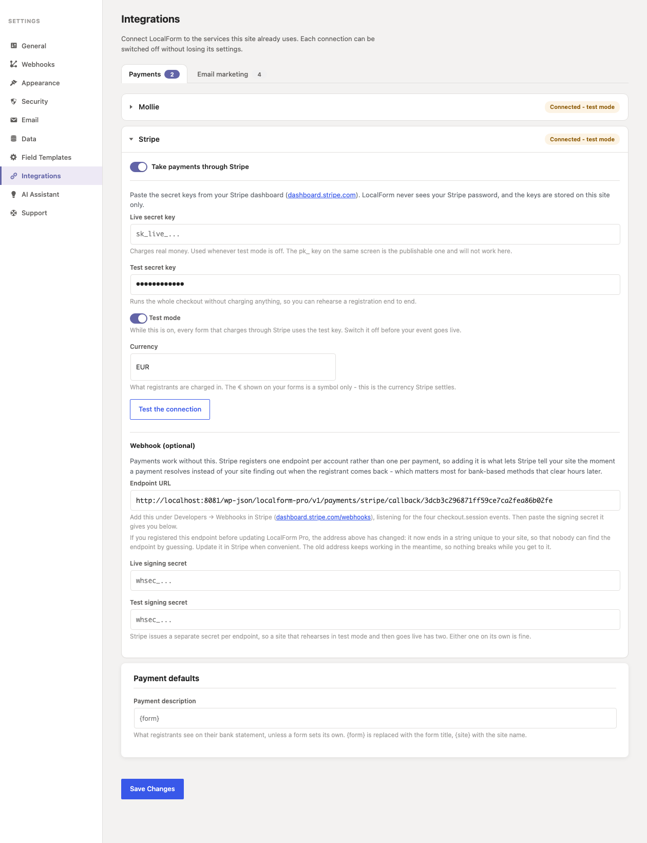 The Integrations settings screen