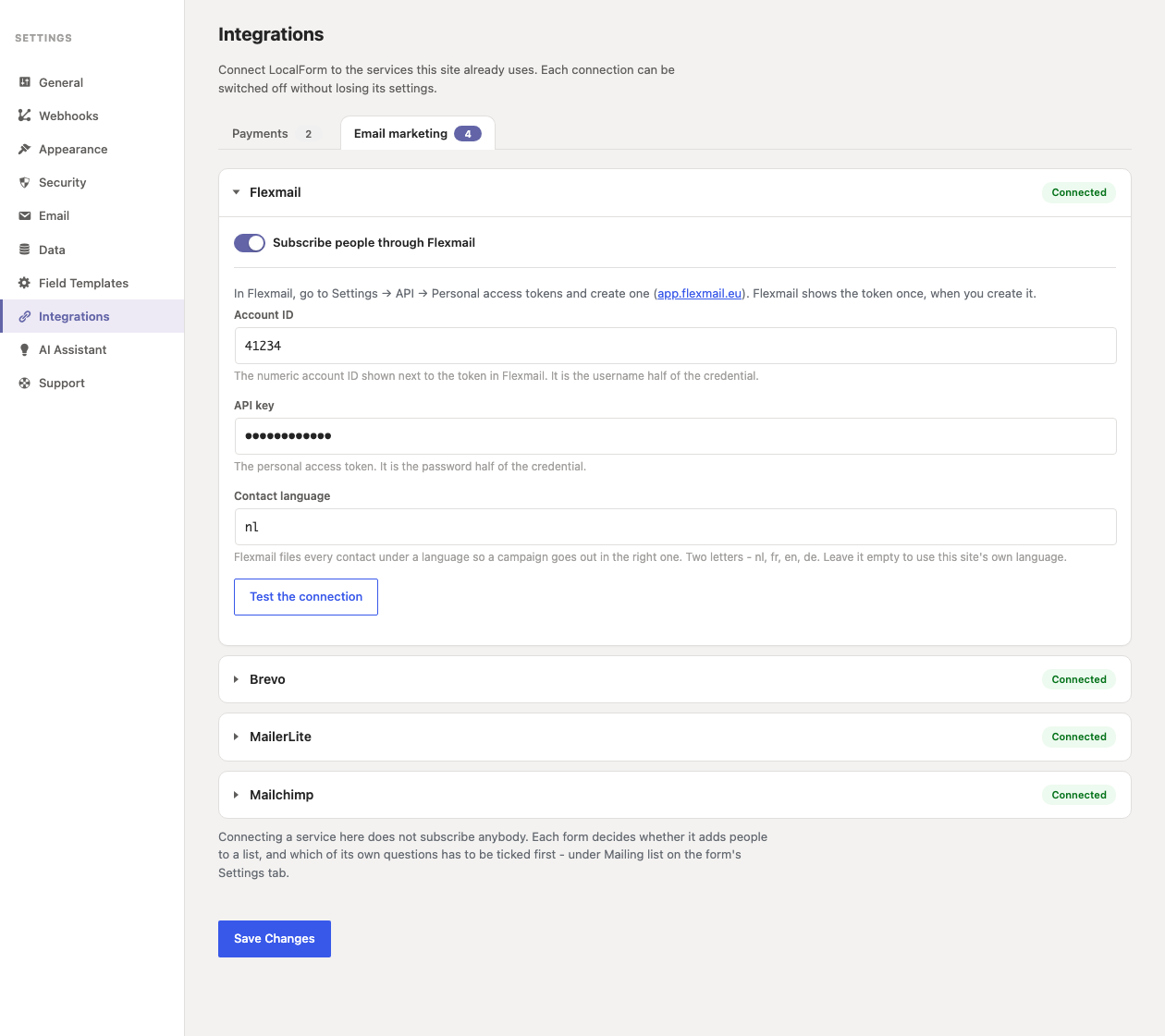 The Email marketing tab on the Integrations settings screen, with Flexmail connected and open