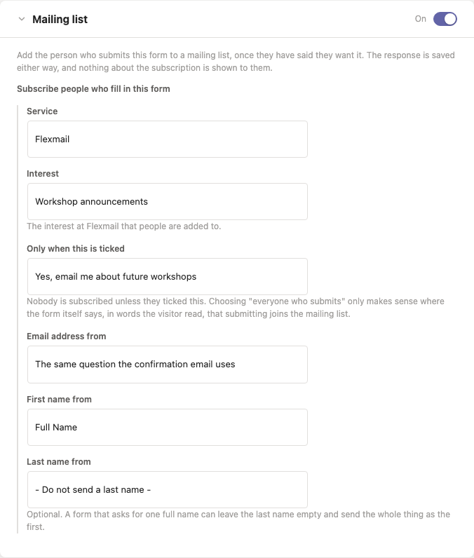 The Mailing list card in the form builder, subscribing to a Flexmail interest when a consent question is ticked