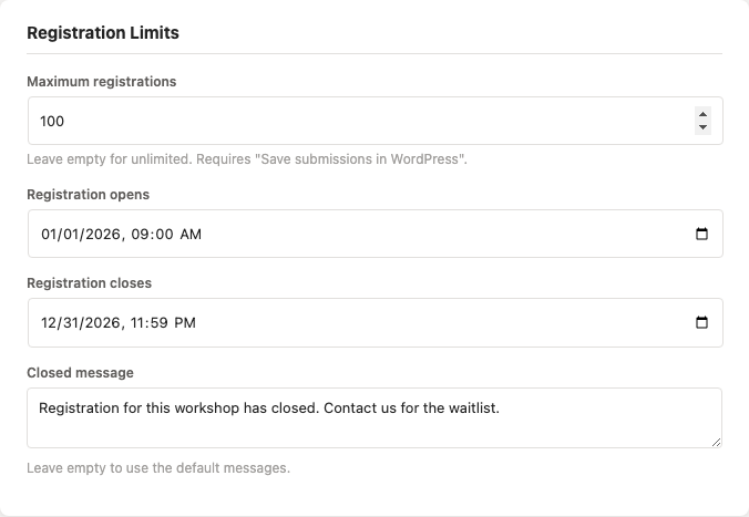 The Registration Limits panel