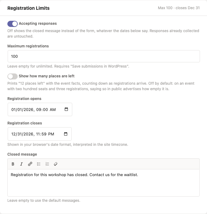 The Registration Limits panel