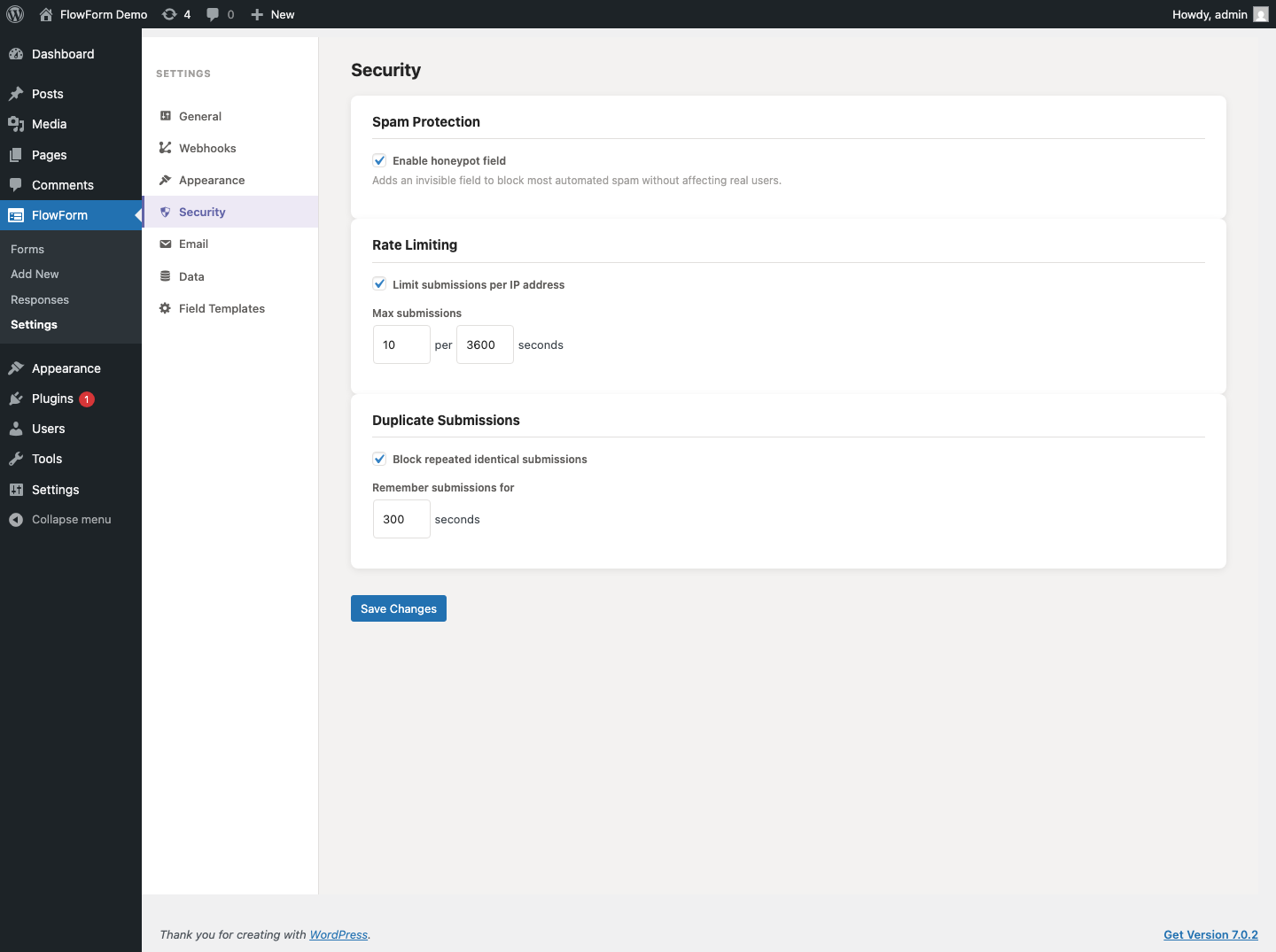 The Security settings screen