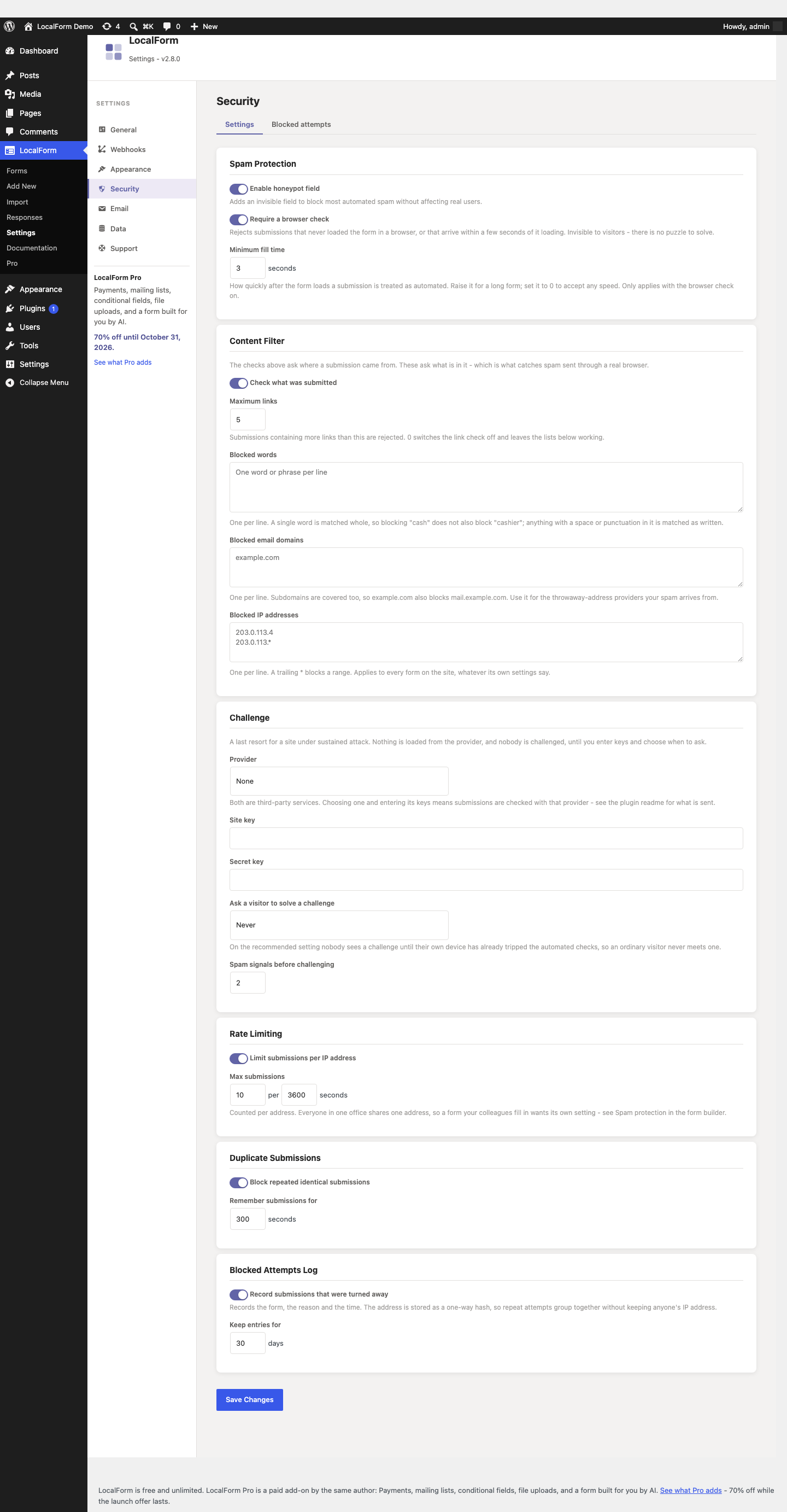 The Security settings screen