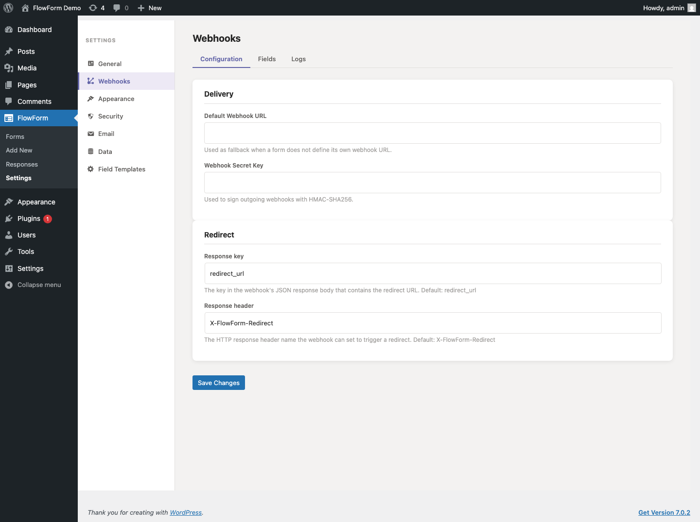 The Webhooks configuration screen, with the default URL and secret key