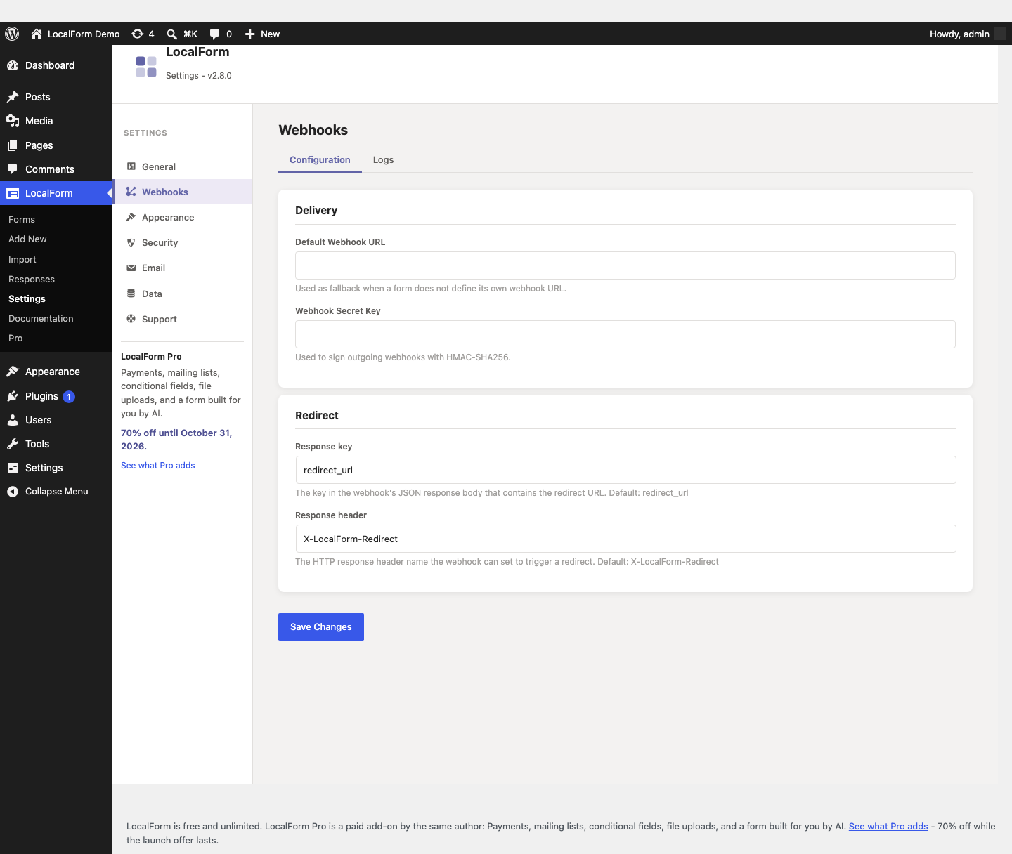 The Webhooks configuration screen, with the default URL and secret key