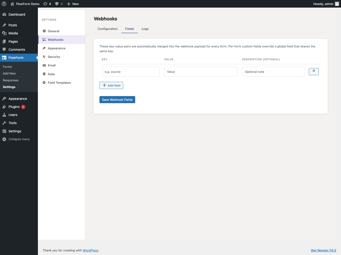 The Global Webhook Fields screen