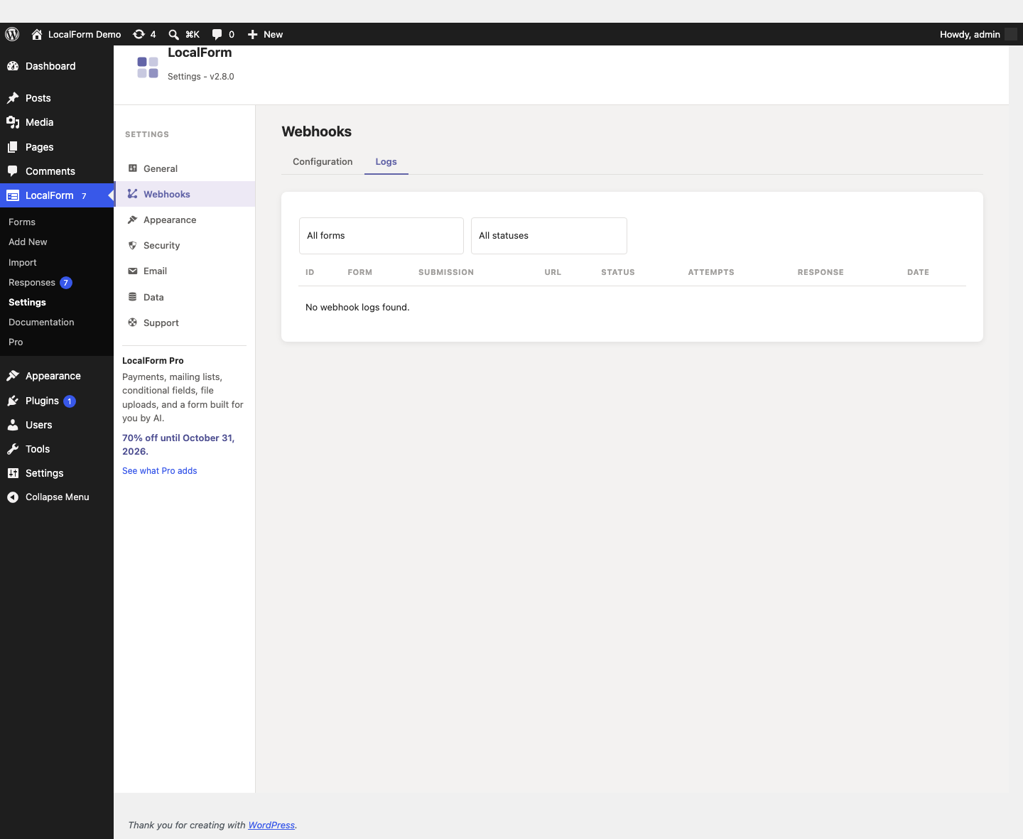 The Webhook Logs screen, showing two completed deliveries