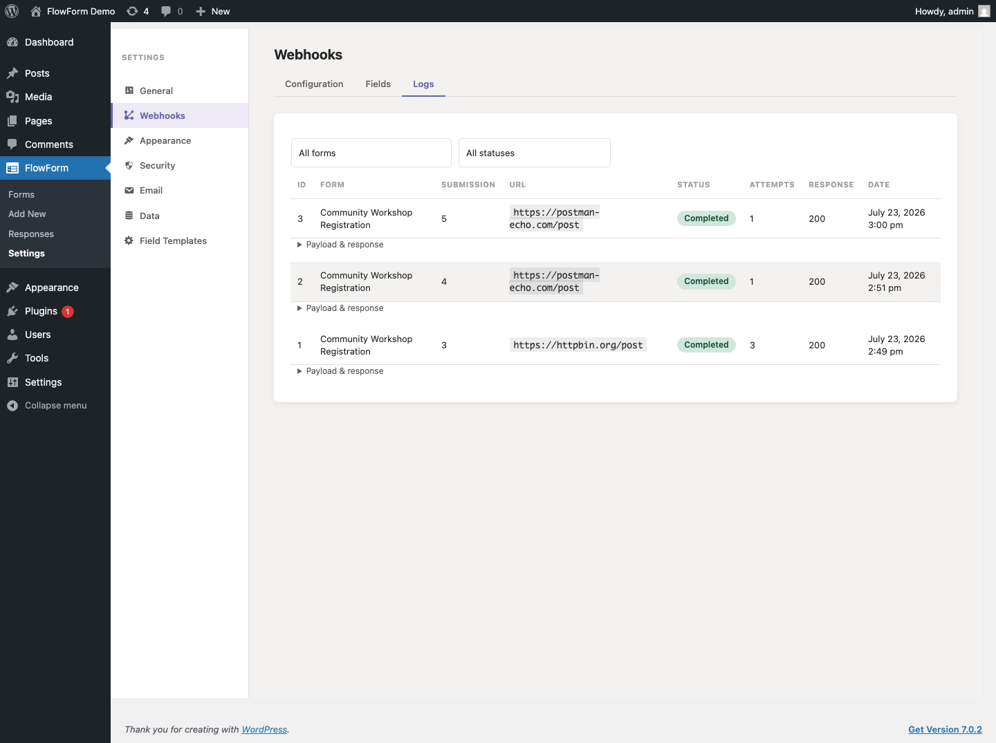 The Webhook Logs screen, showing two completed deliveries